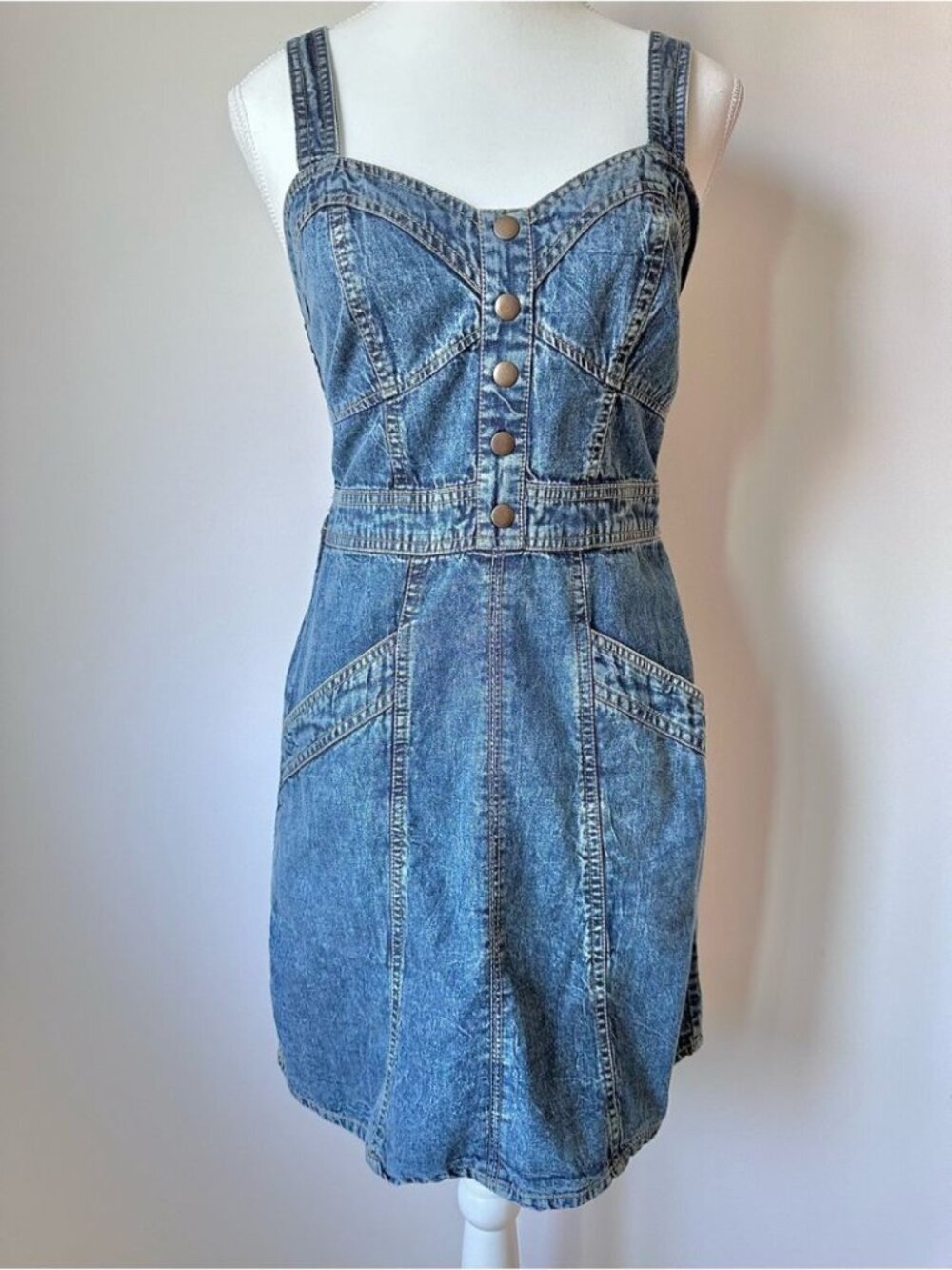 Japna Blue Denim Sweetheart Mini Dress with Faux Button Retro Coastal Cowgirl S - Picture 10 of 10